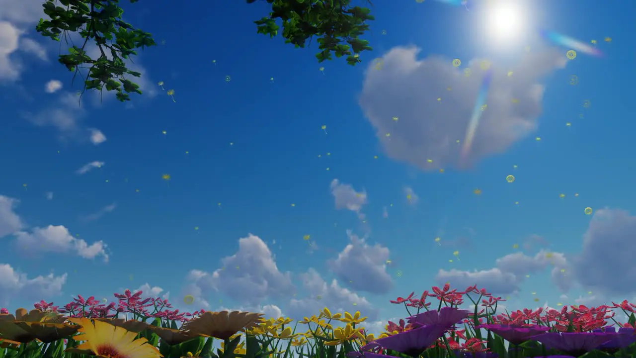 Springtime colorful flowers with dandelions flying around on blue sky with sun rays and clouds passing by natural environment 3D animation