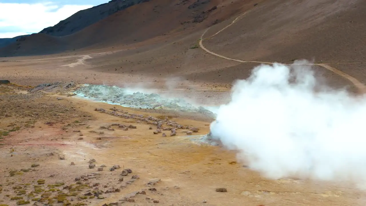 Aerial view over thermal volcanic hot springs steam coming out of the ground in iceland