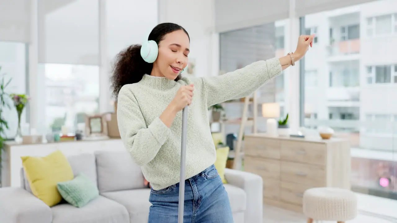 Music singing and woman dance with broom