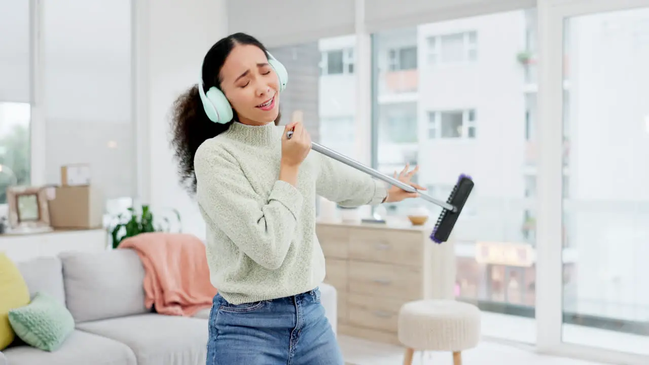 Singing music and woman dance with headphones