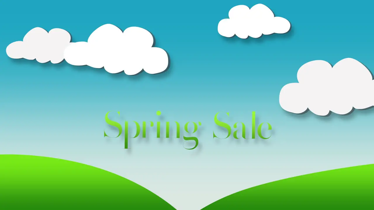 Spring Sale text with blue skies white clouds and green hills in background