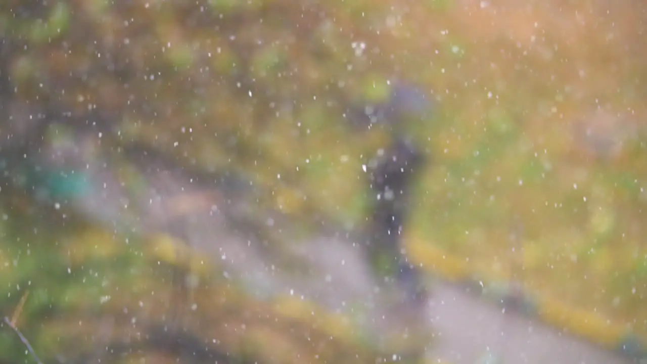 Snow falling against defocused autumn background