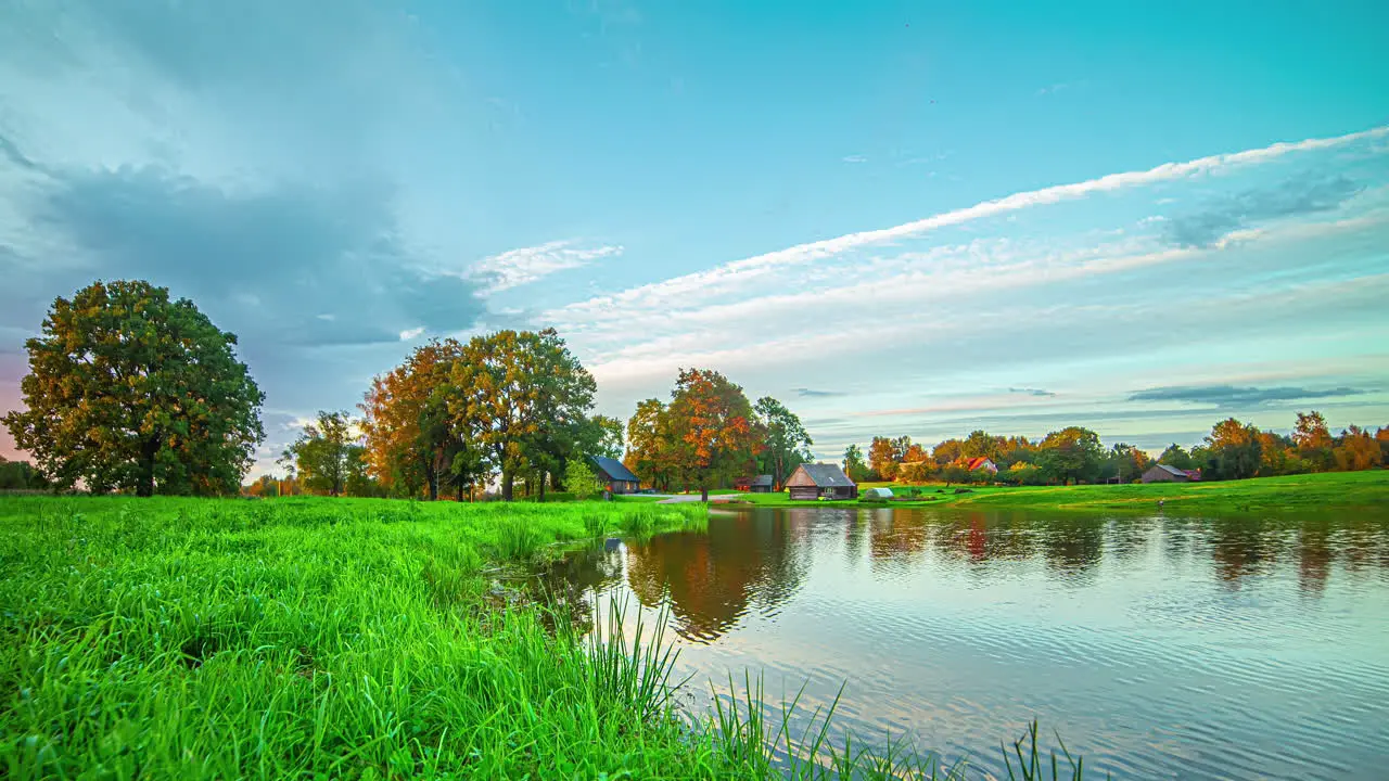 Timelapse video of moving clouds in the sky captured in a grass field near a lake