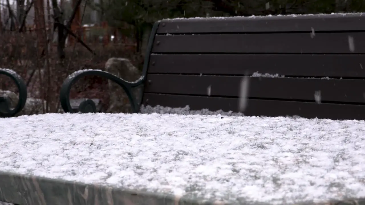 Snow in a park with benches and table