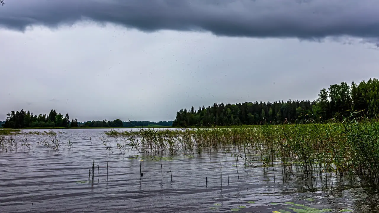 Cinematic timelapses of clouds moving over a lake with trees in focus