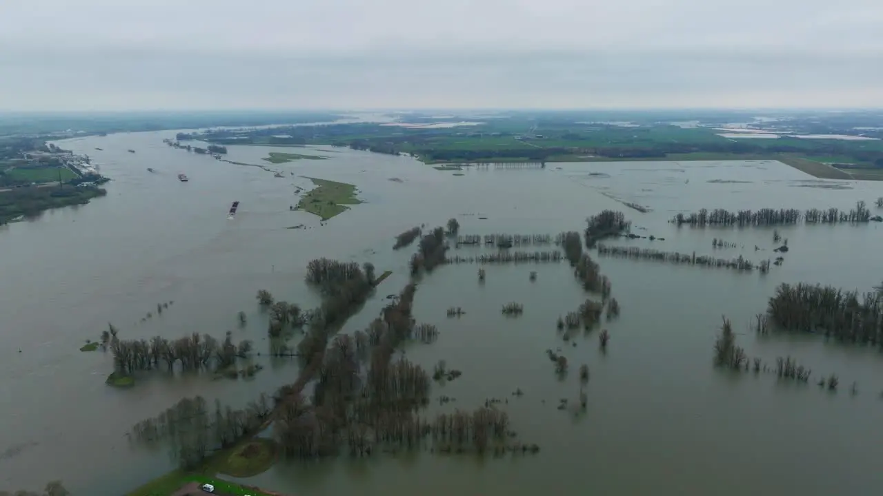 River Waal in Gelderland inundating surrounding Dutch countryside aerial view