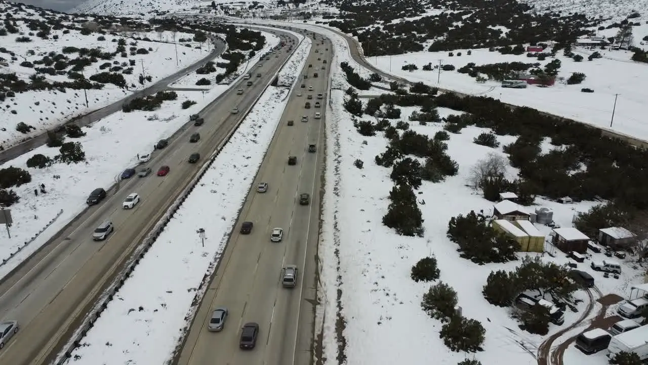 Snow covered highway aerial view