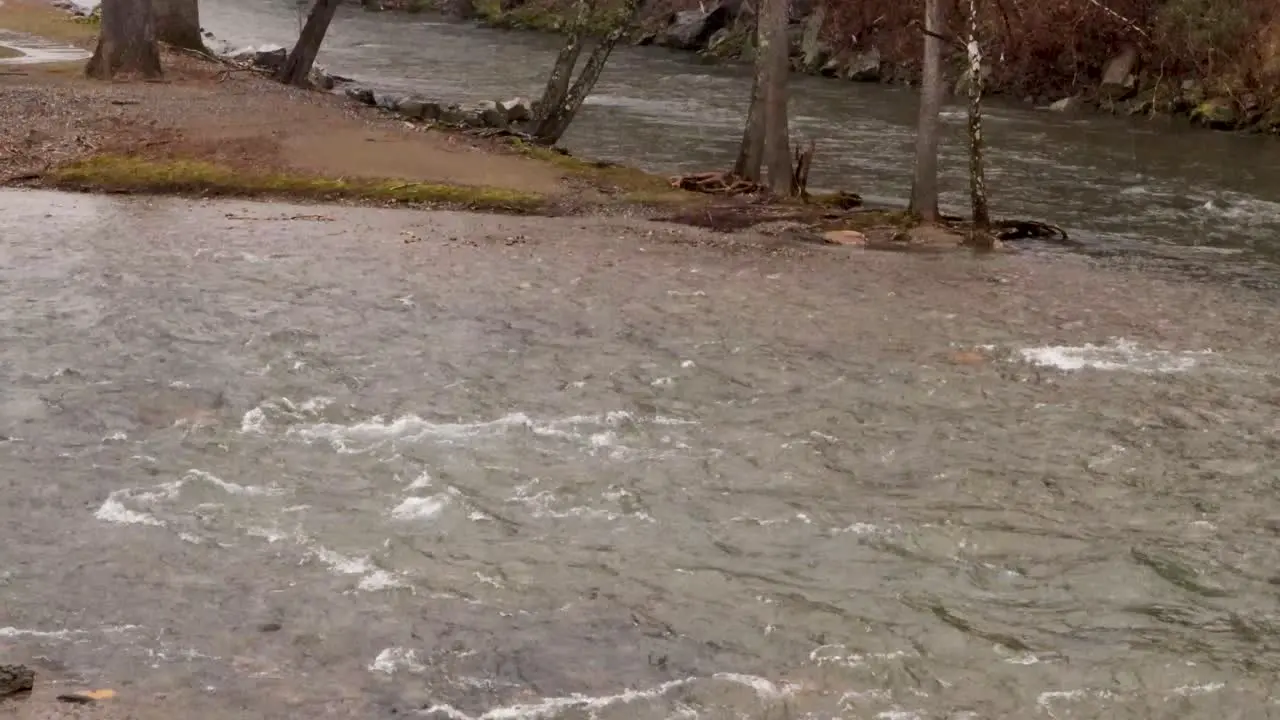 A river flows at a fork in the rain during winter time