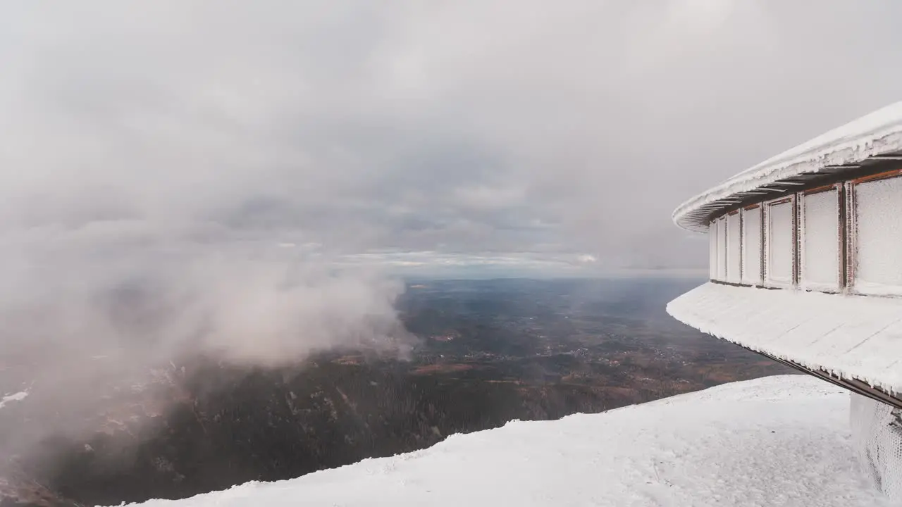 Sniezka mount timelapse cloudy weather clouds flow through the mountain