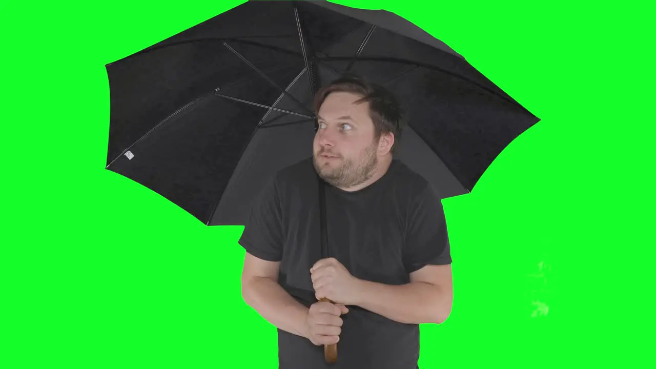 man scared for rain under black umbrella green screen background funny guy meme