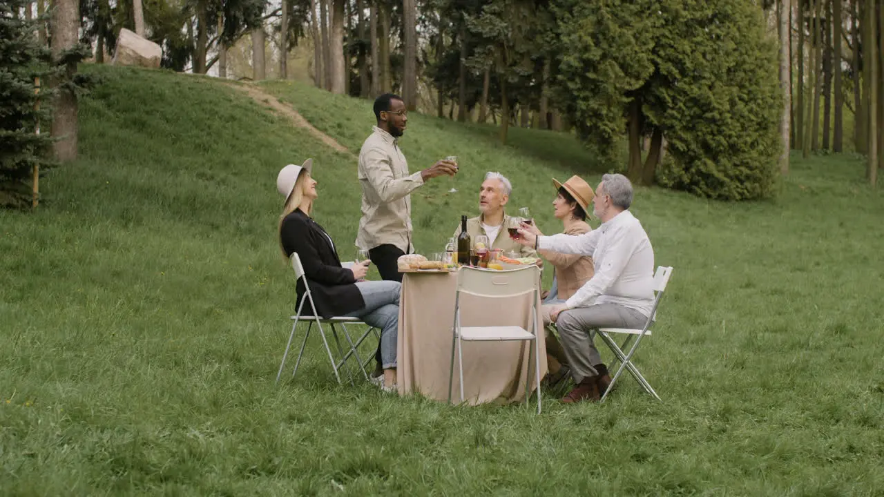 Distant View Of An Man Standing In Front Of A Table Toasting With His Friends At An Outdoor Party In The Park