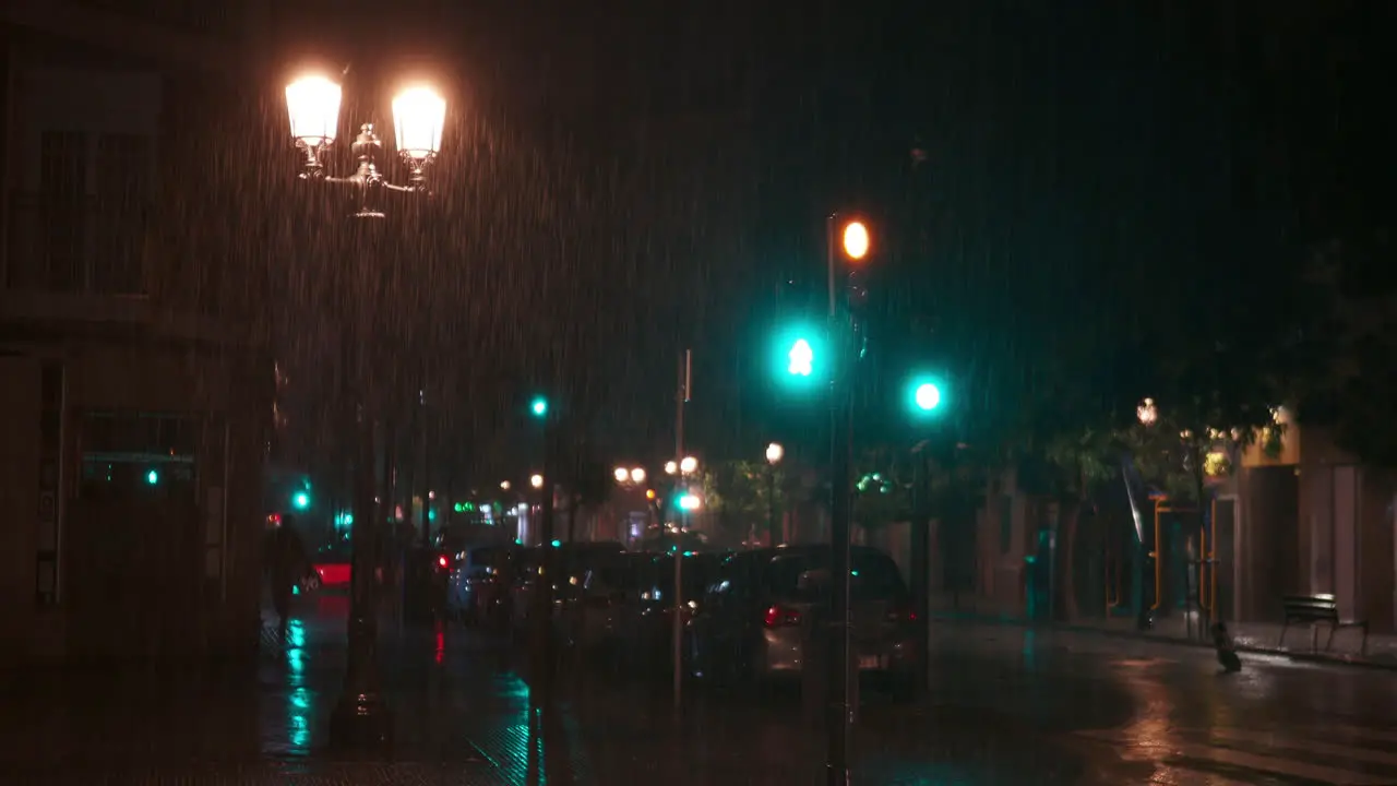 Rain pouring in the city at night