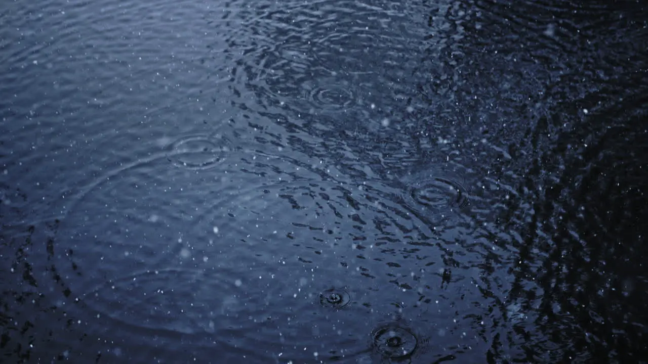 Ripples appear on the surface of water as huge snowflakes fall into river in slow motion