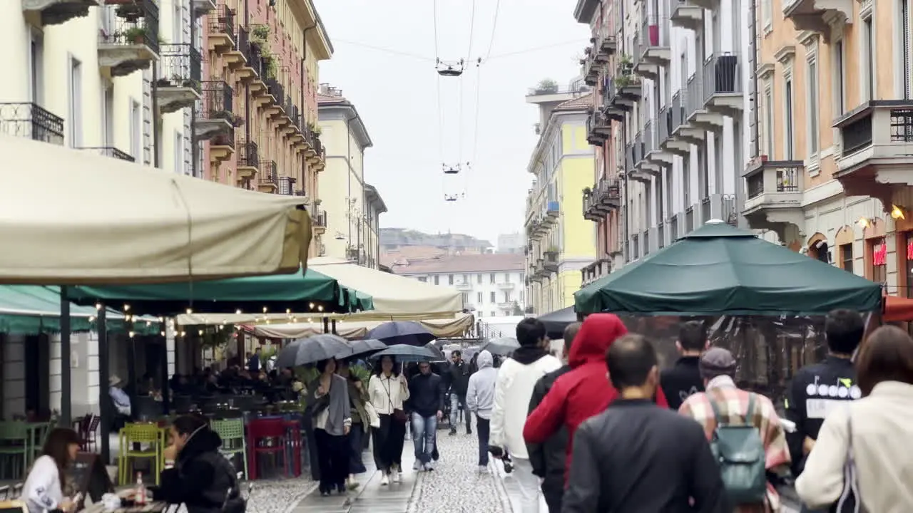 City of Milan in Italy with rain and bad weather in cold wet winter