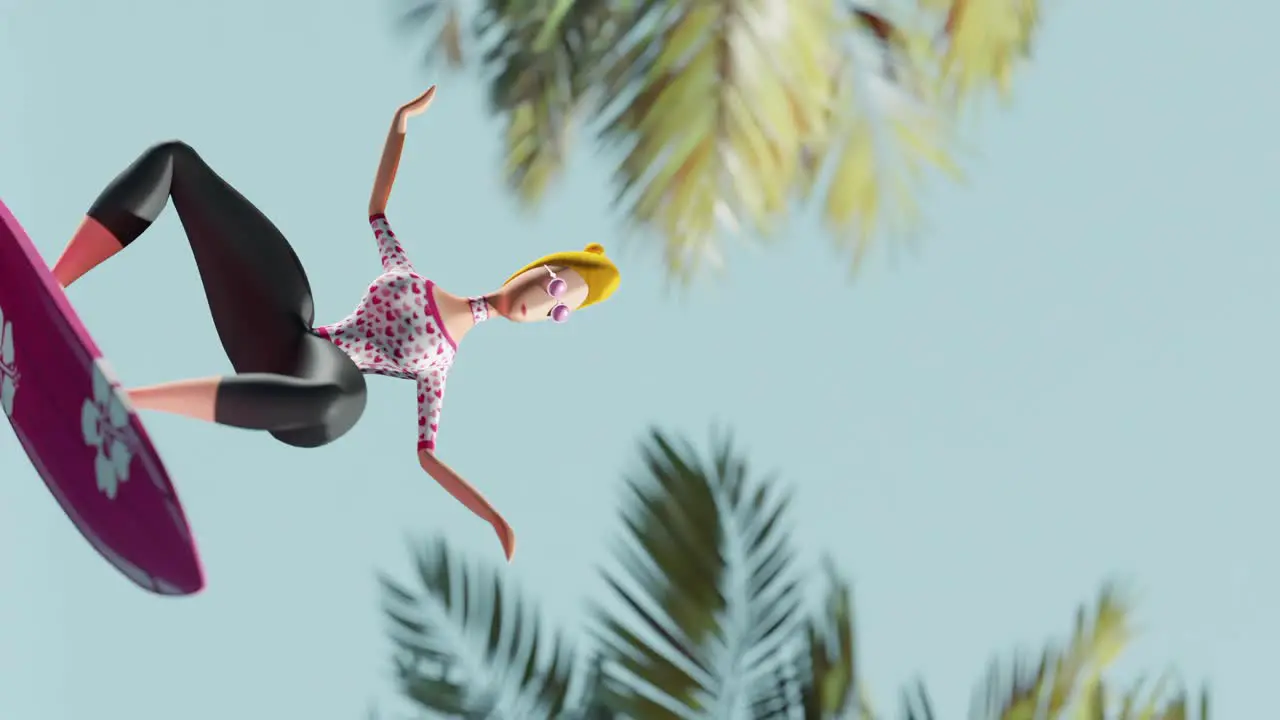 Woman in sunglasses surfing by palm trees vertical motion graphics