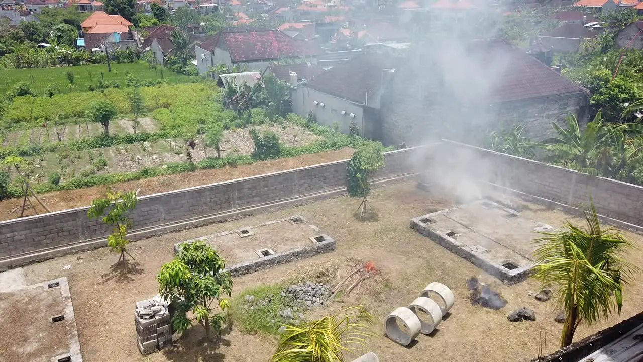 Wood Burning Creating Toxic Smoke in Rice Fields of Bali Indonesia Asia Southeast Tradition and Pollution Problem Aerial View