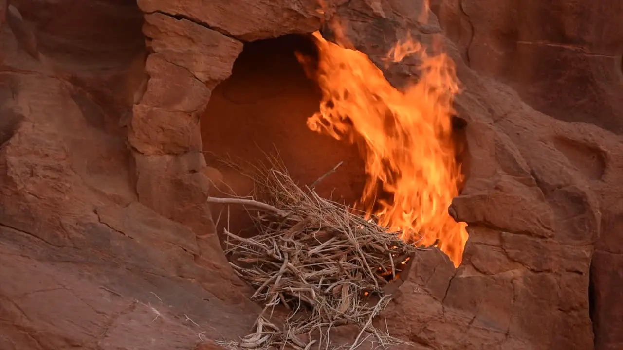 Fire burning in a brown rock cavity Wadi Rum Jordania