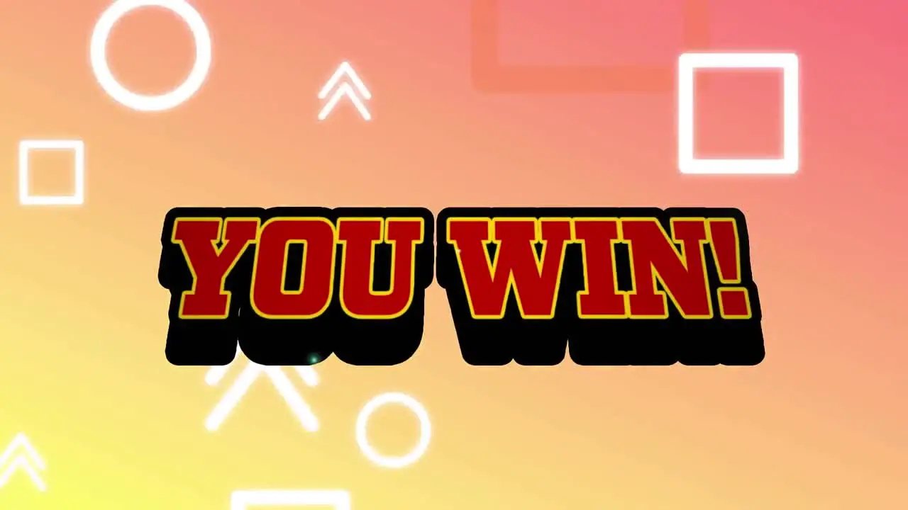 Animation of words you win in red letters with white graphic elements on yellow to orange background