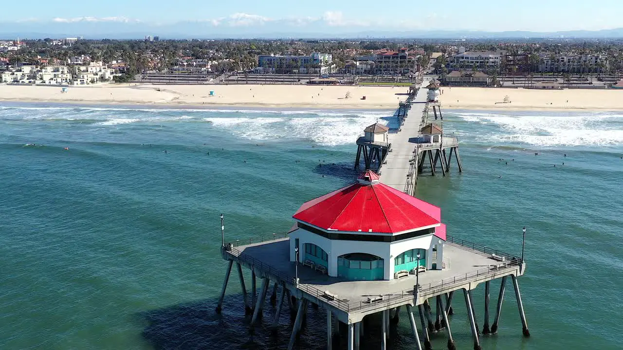 This is an aerial shot rotating around the end of the Huntington Beach pier