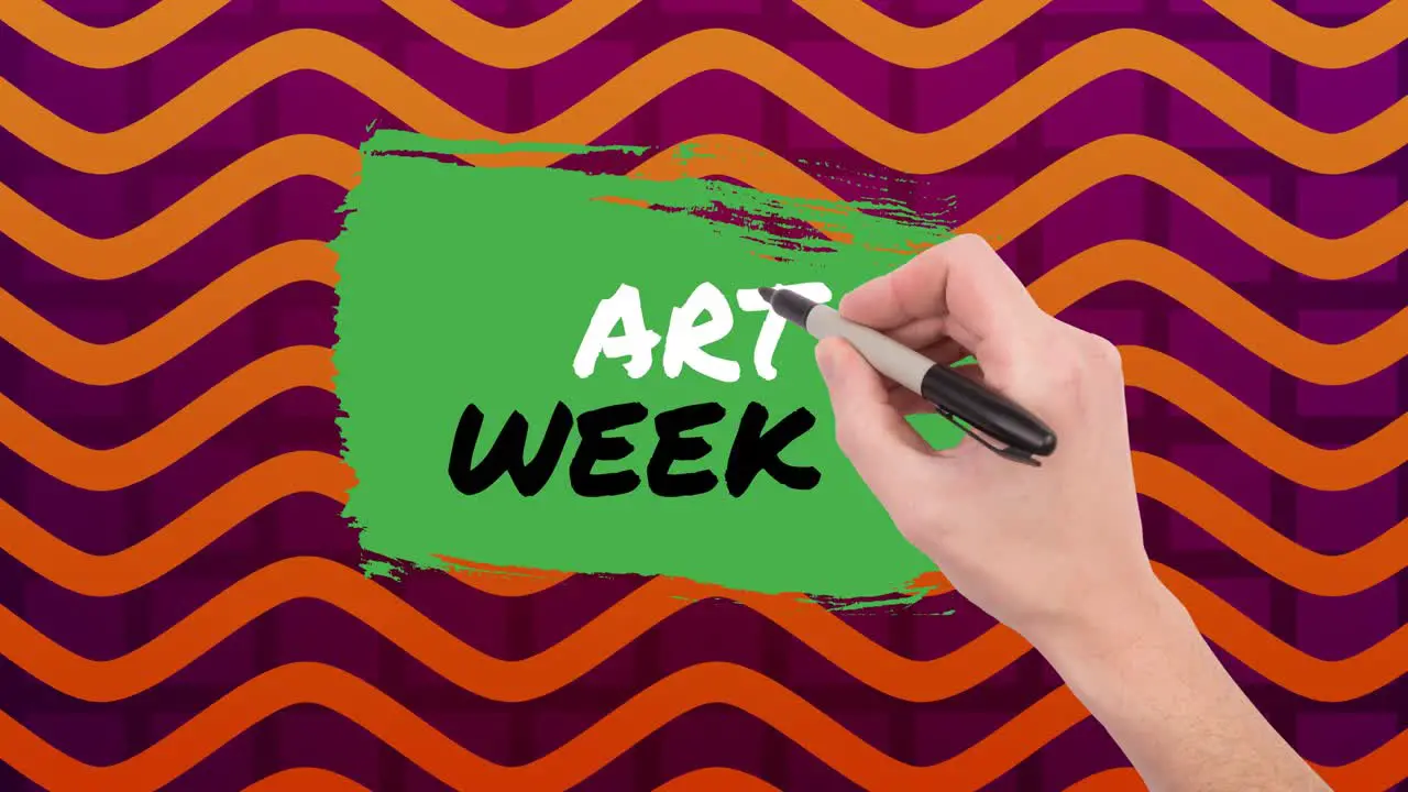 Animation of hand with pen writing art week over purple and orange background with waves