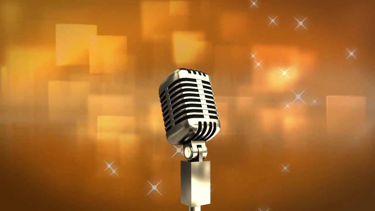 Animation of microphone over shining stars and square shapes against orange background