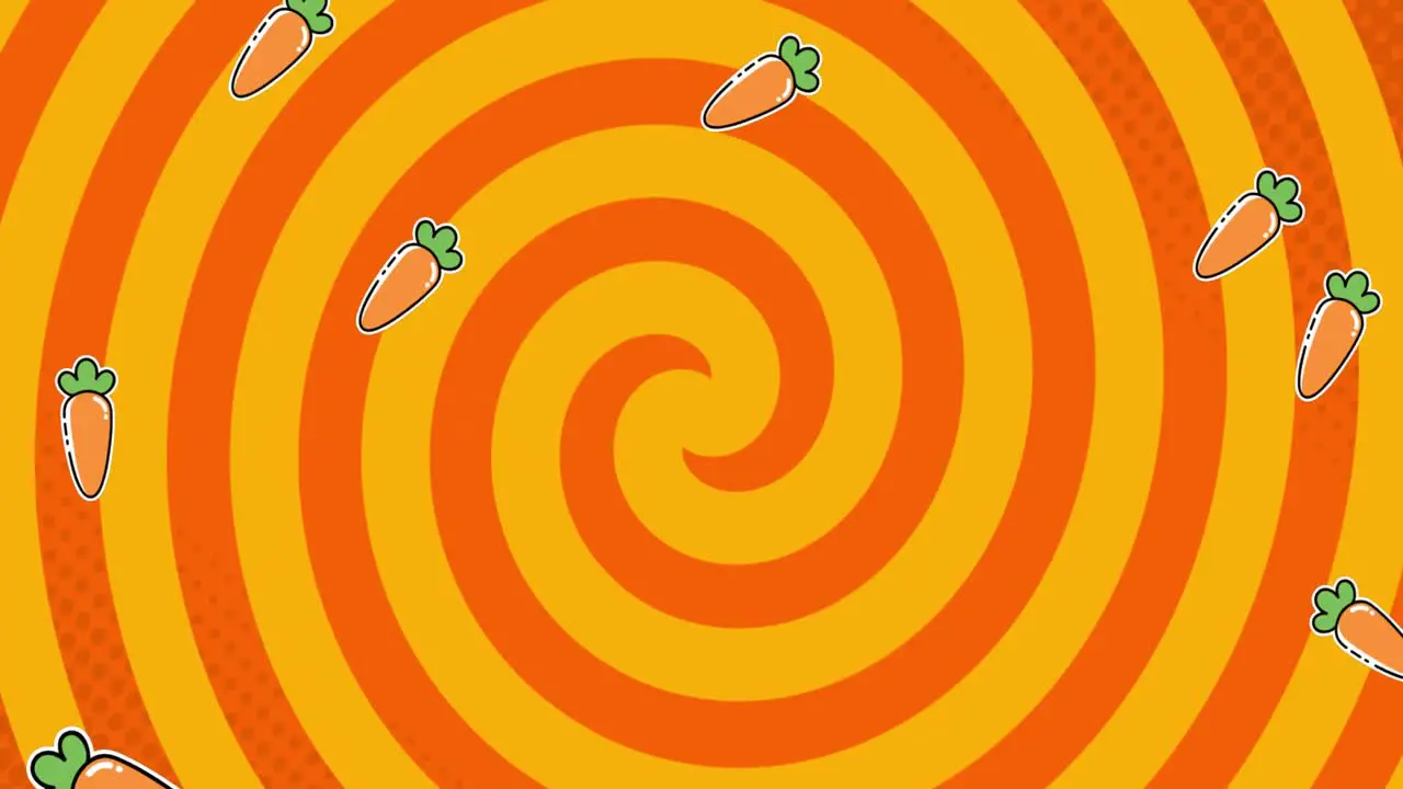 Animation of carrots falling on yellow and orange background