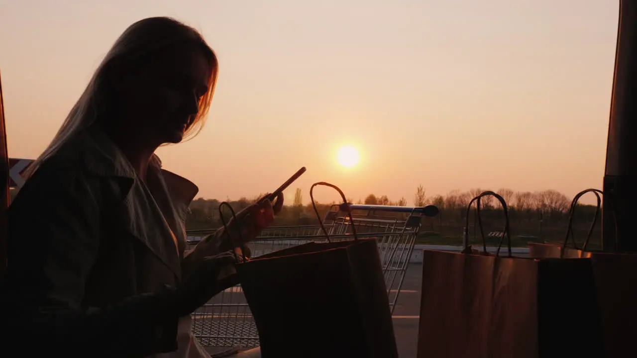 Woman Check Their Purchases In The Trolley With A List On The Smartphone Close-Up Shot