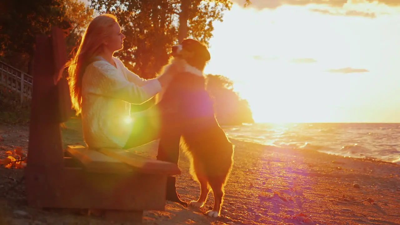 A young woman playing with her dog by a lake 1