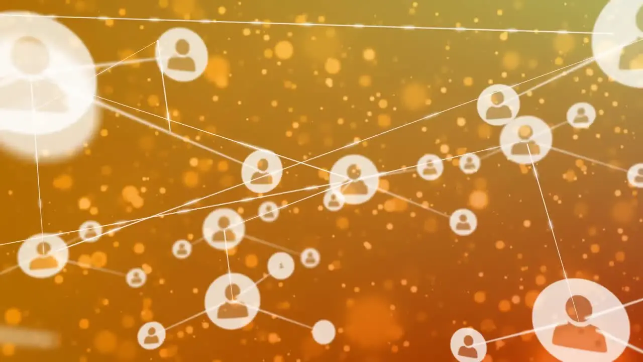 Animation of network of profile icons over yellow spots floating against orange background