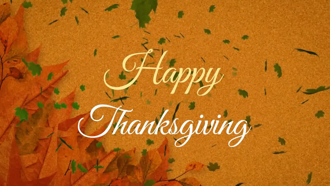 Animation of happy thanksgiving text banner and autumn leaves floating against orange background