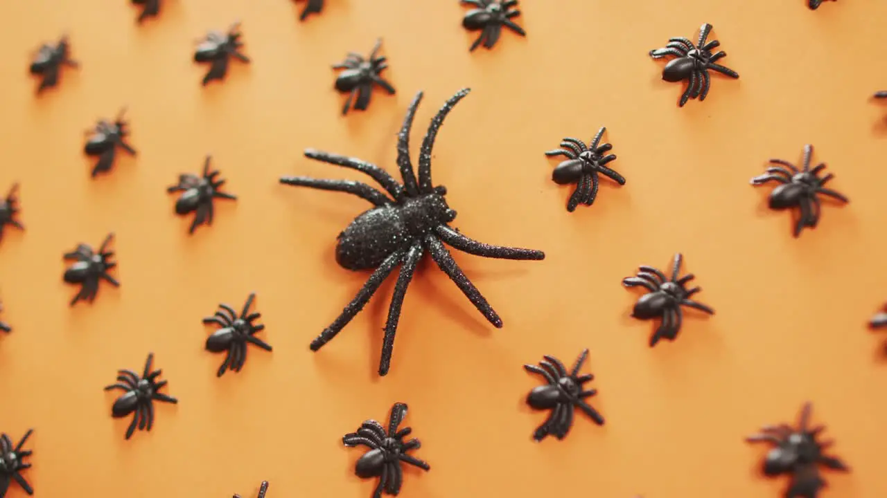 Close up view of multiple spider toys against orange background