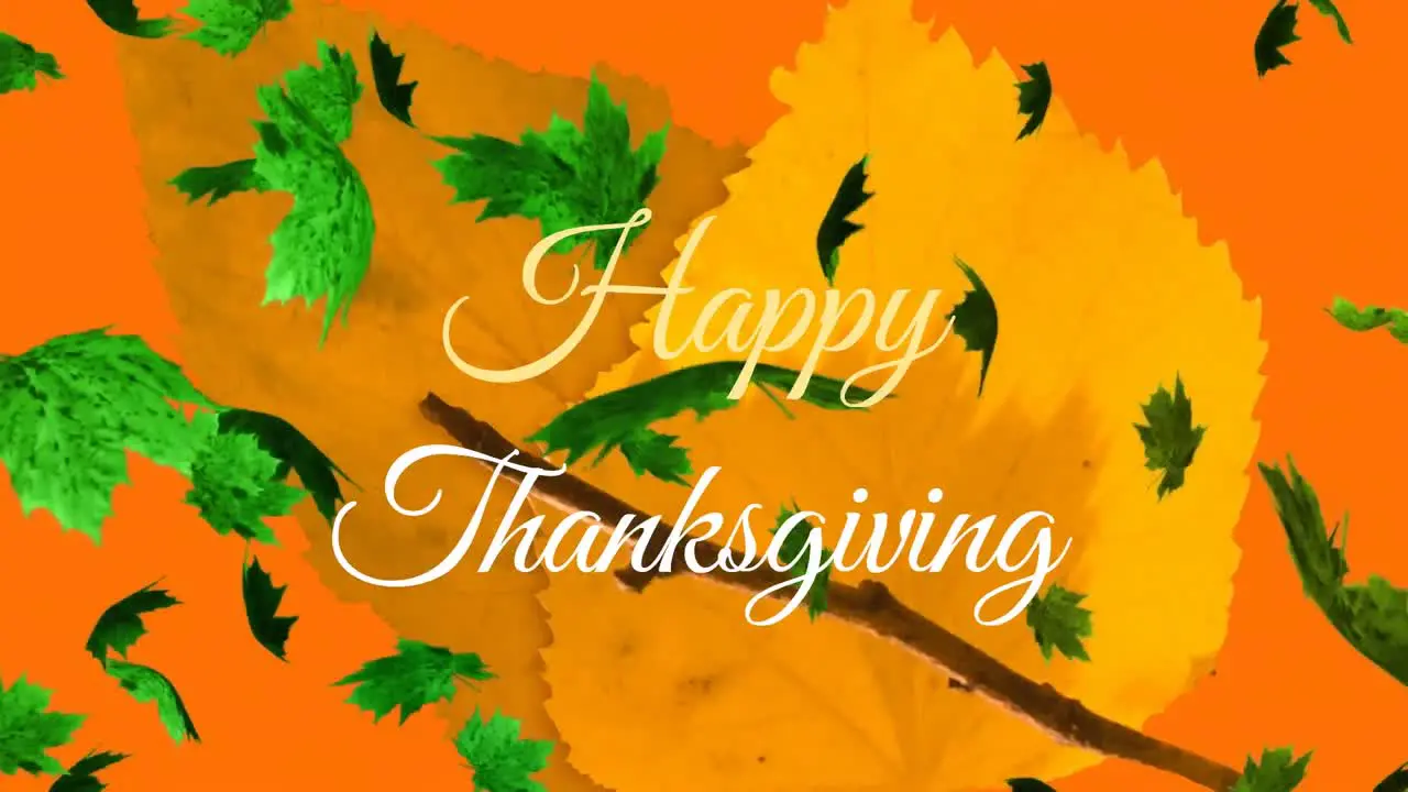 Animation of happy thanksgiving text banner over autumn leaves against orange background