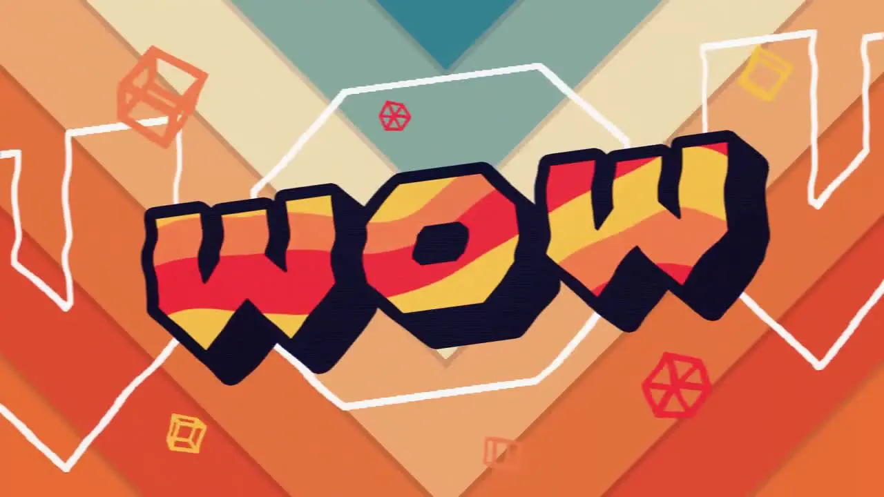 Digital animation of wow text and abstract shapes against concentric triangle on orange background