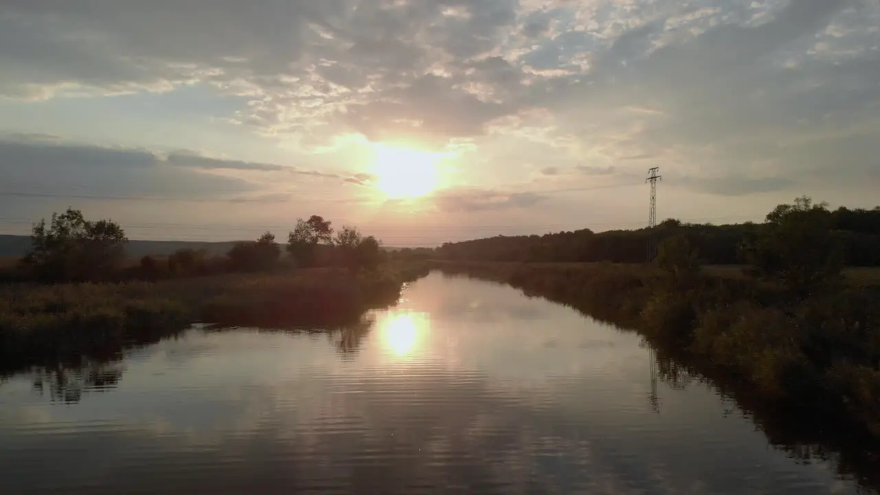 Low drone shot close to the river fly upstream at sunset-1