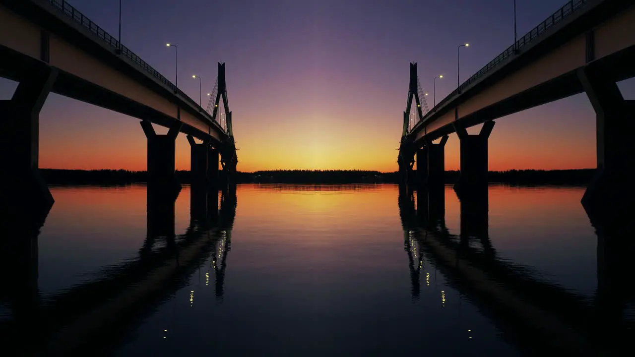 Romantic Night Two Bridges with Perfect Symmetry Water Reflection Sunset