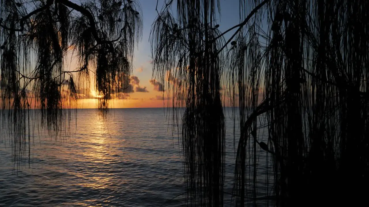 Camera pan sunset and evening sky over the Lagoon of Fakarava French Polynesia south pacific ocean with reflexions on the calm water surface