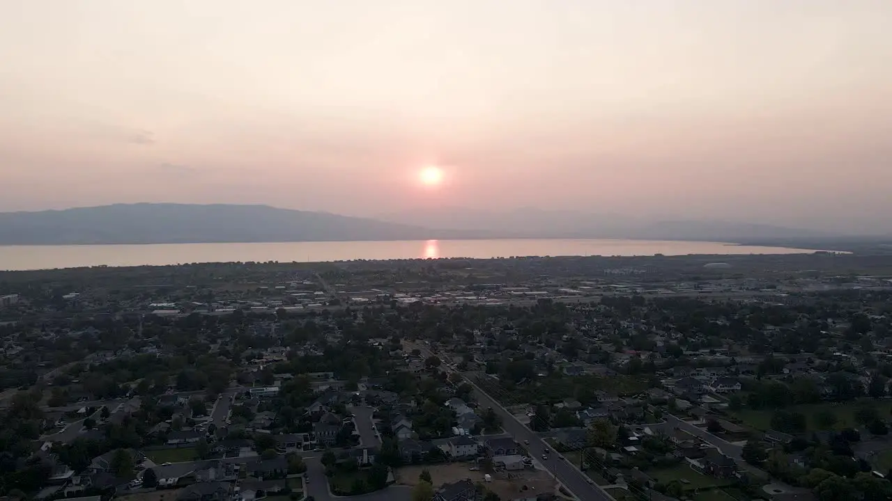 Utah sunset aerial view seen through smoke from California wildfires