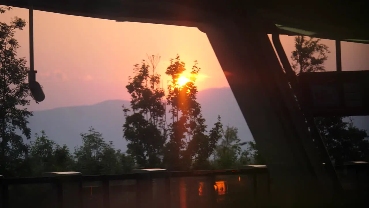 sunset view behind trees from train window in