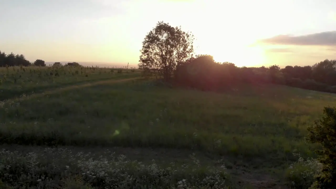 Aerial cinematic reveal of dramatic sunset in yorkshire countryside across endless fields and forest area