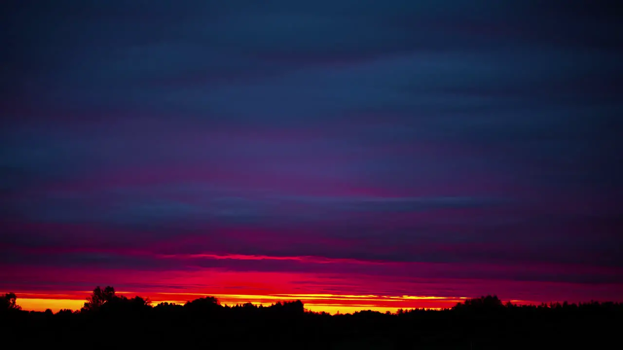 Amazing colorful sunset above the forest trees with purple and red clouds flowing time lapse