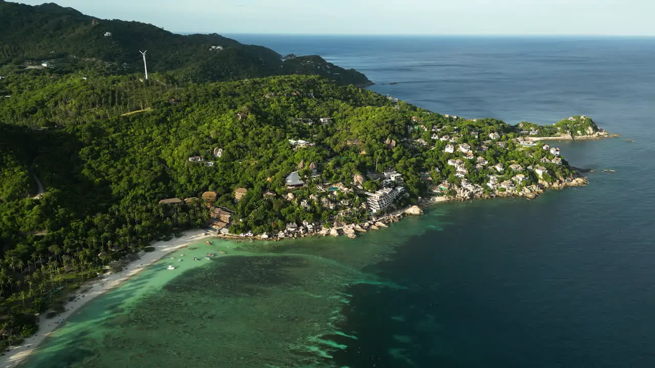 Aerial of Shark bay Koh Tao Thailand south east asia Backpacker diving paradise for digital nomad and expat drone coastline