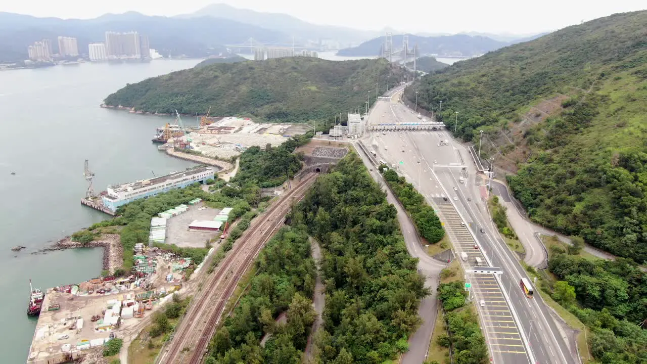 Traffic on a rural highway interchange in Hong Kong Aerial view