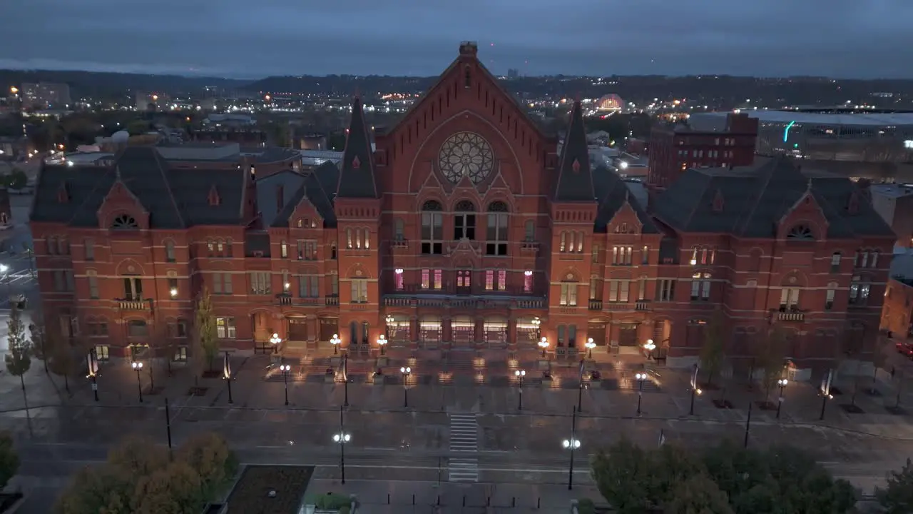 Cincinnati Music Hall aerial at night establish shot in United States of America