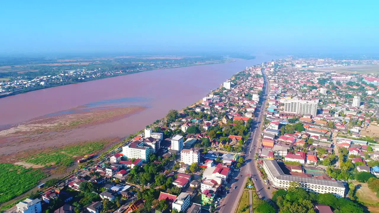 Mekong River Aerial View Drone Footage Pan Up Vientiane Laos Border Of Thailand 4K