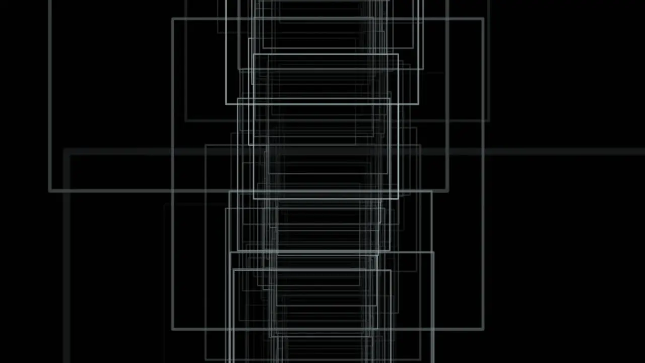 Animation of transparent squares of different sizes on a black background flying at the camera