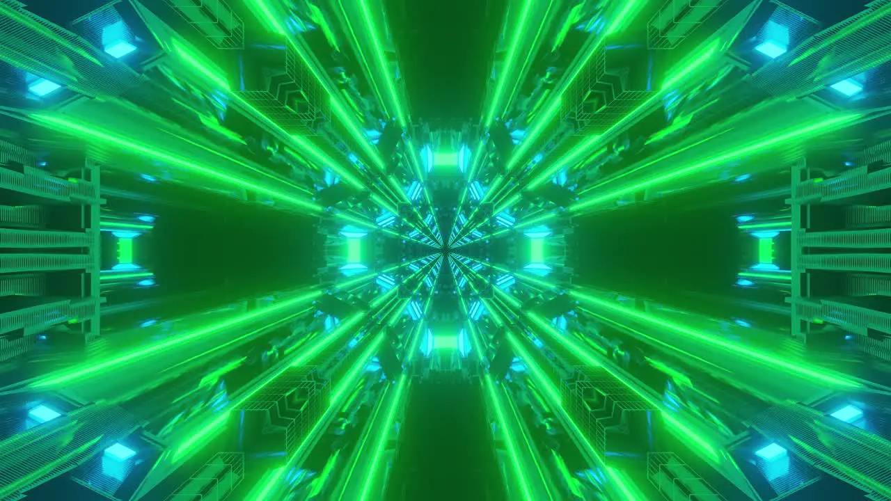 Animation of immersing through long hollow space tunnel with converging bright green lines towards the center