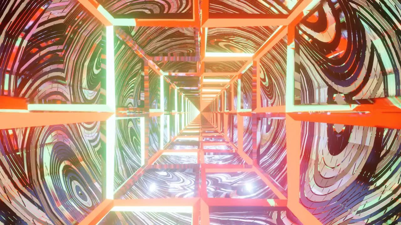 Computerized motion graphics of falling through deep vivid colorful and hypnotic bore with wire frame design