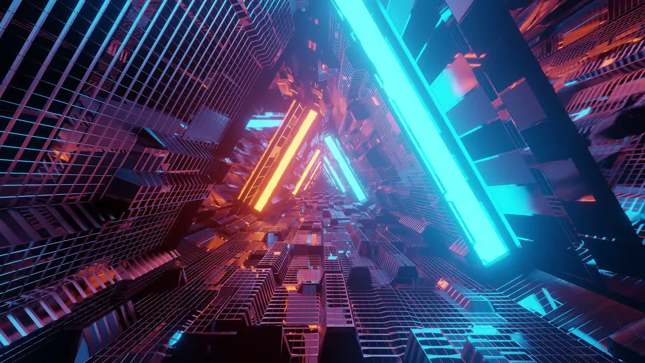 Computerized motion graphics of immersing into futuristic triangle shape colorful space tunnel