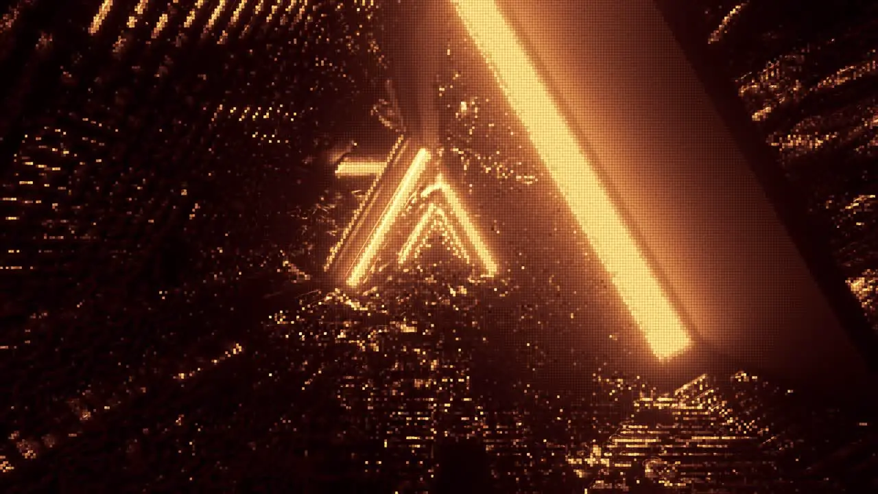 Computerized motion graphics of immersing into golden reflective triangular space tunnel