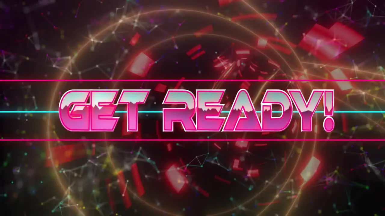 Animation of get ready text over neon pattern background